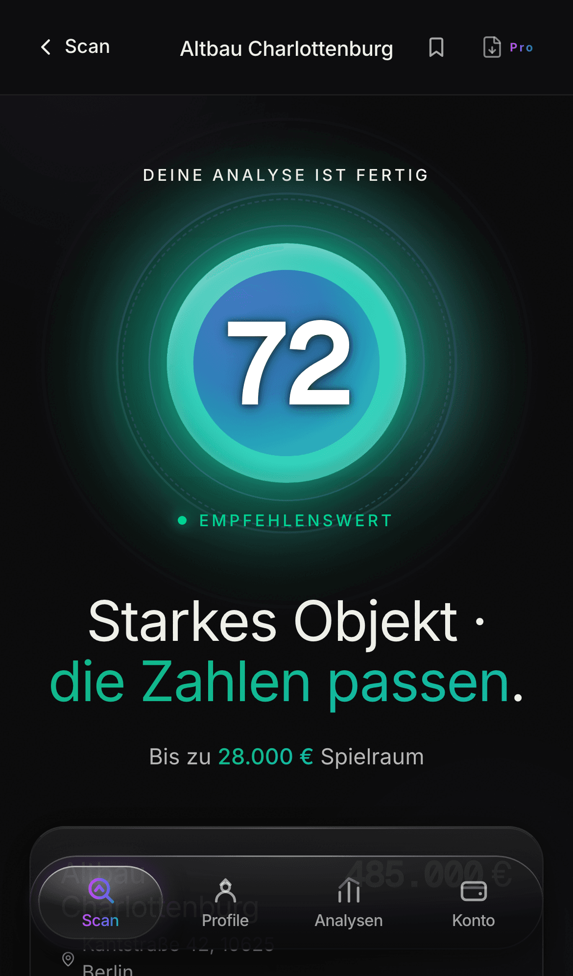 TrueEstate zeigt für ein Exposé den Score 72 von 100, das Urteil „Starkes Objekt, die Zahlen passen“ und bis zu 28.000 € Verhandlungsspielraum