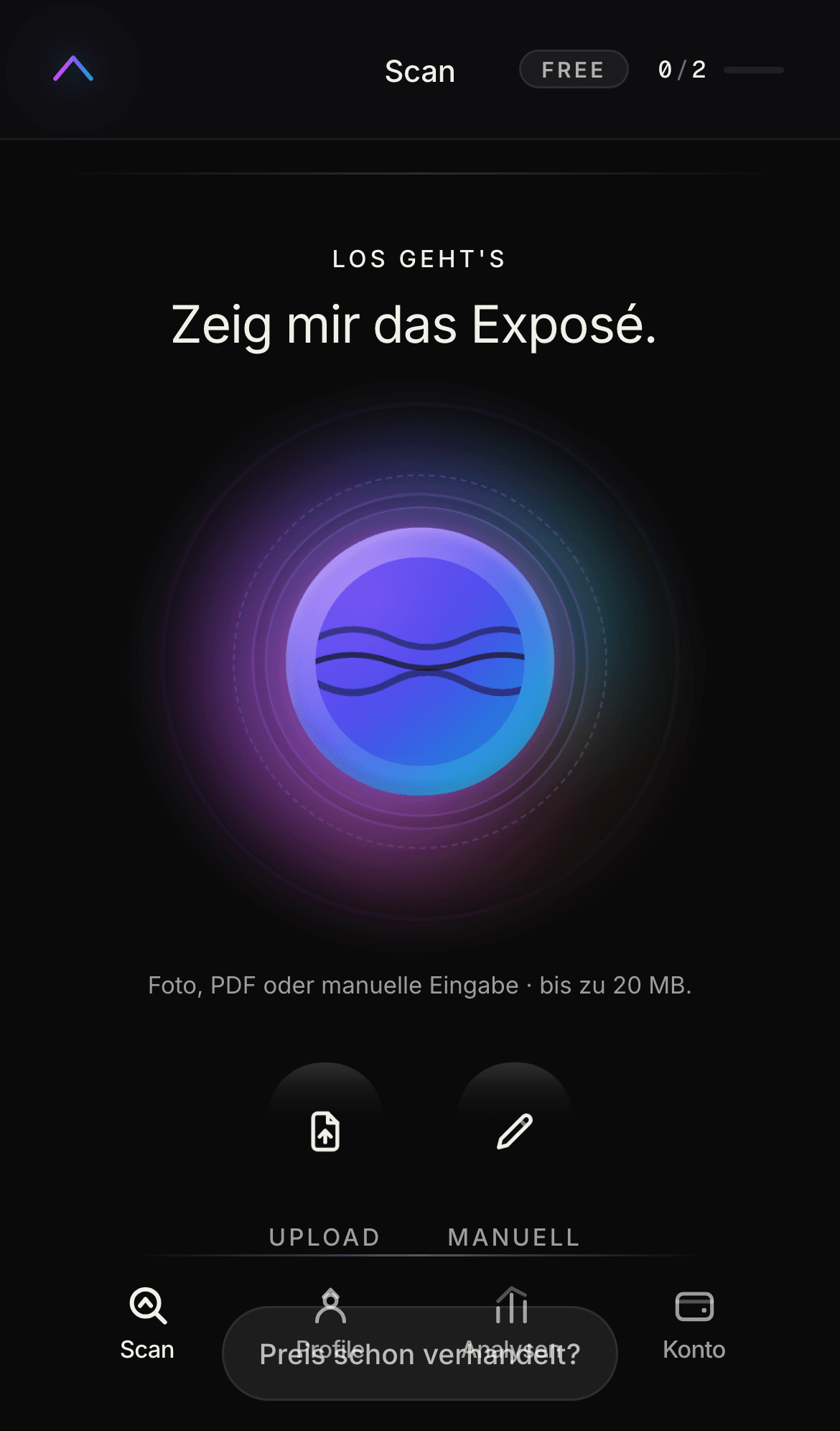 Scan-Bildschirm von TrueEstate: „Zeig mir das Exposé“, Upload als Foto oder PDF